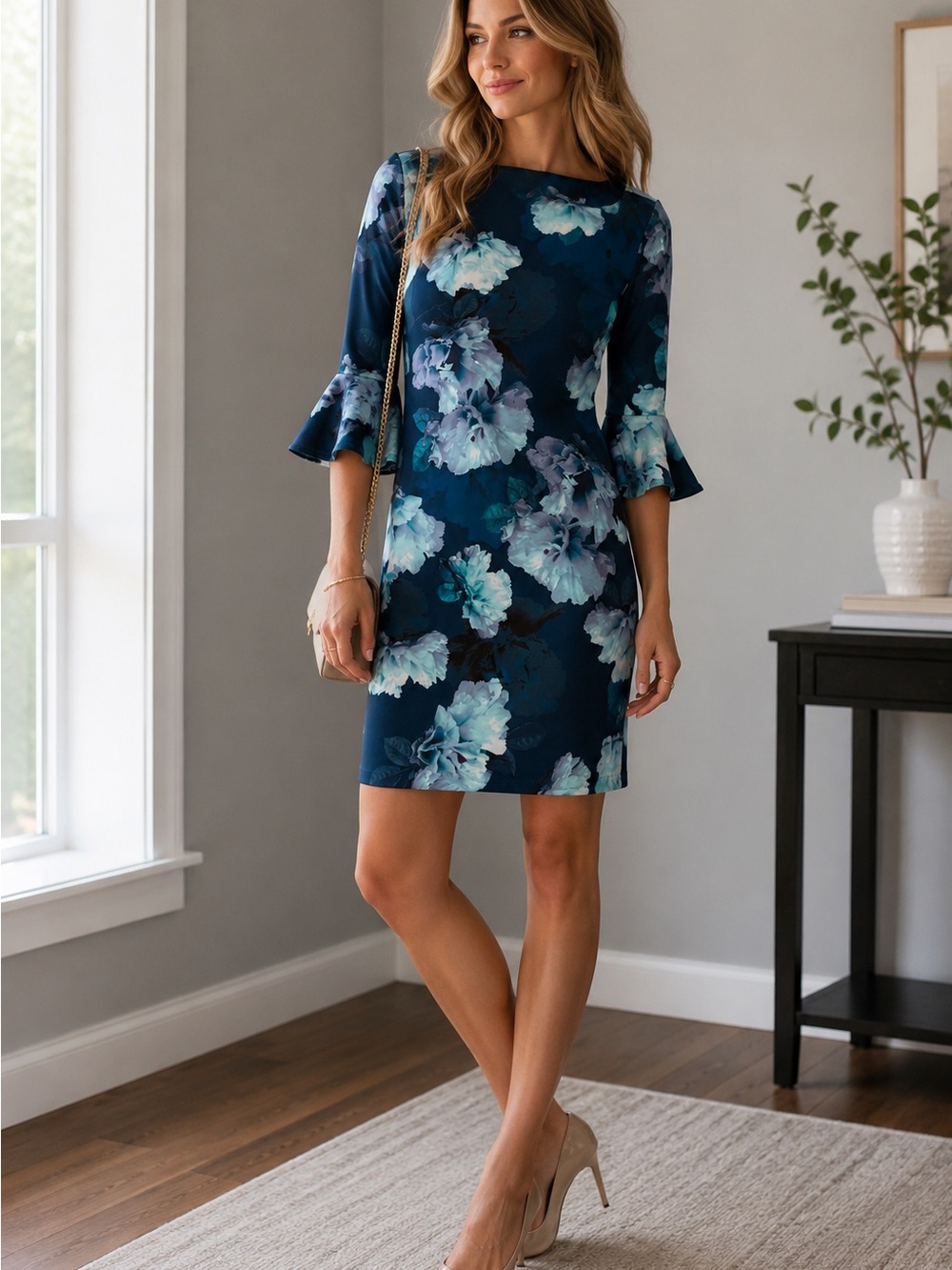 Calvin Klein Navy Floral Mini Dress with Ruffle Sleeves
